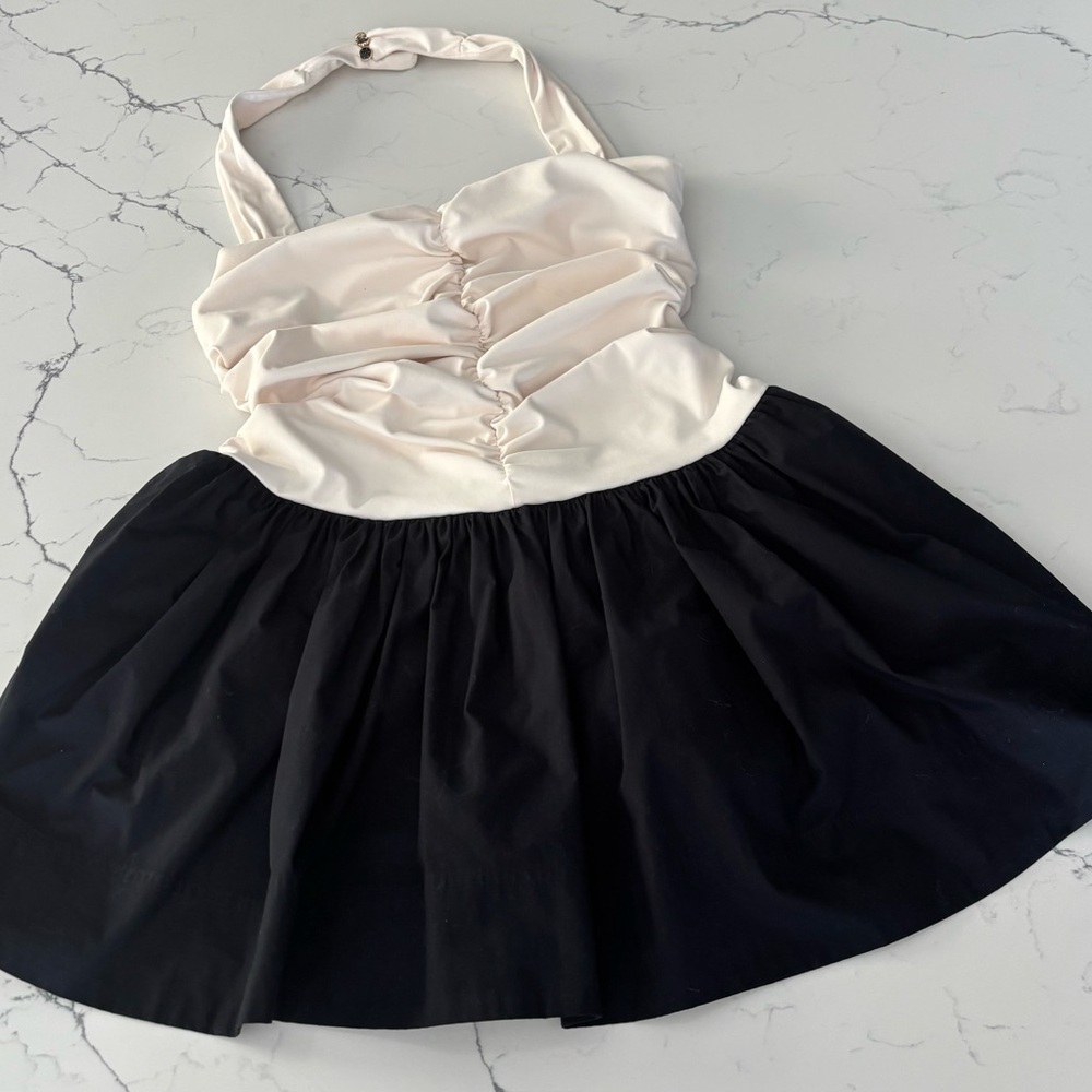 Maeve Cream and Black Ruched Halter Dress